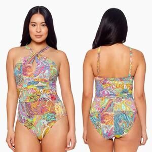Bleu Rod Beattie One Piece Swimsuit SIZE 8 Bohemian Paisley High Neck Keyhole